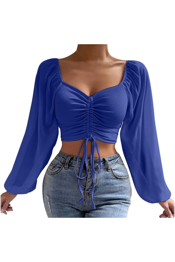 Women's Drawstring V Neck Ruched Lantern Long Sleeve Tie Back Crop Top Blouse