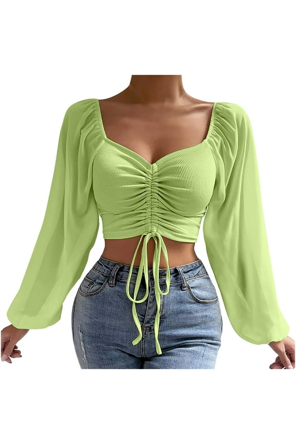 Women's Drawstring V Neck Ruched Lantern Long Sleeve Tie Back Crop Top Blouse