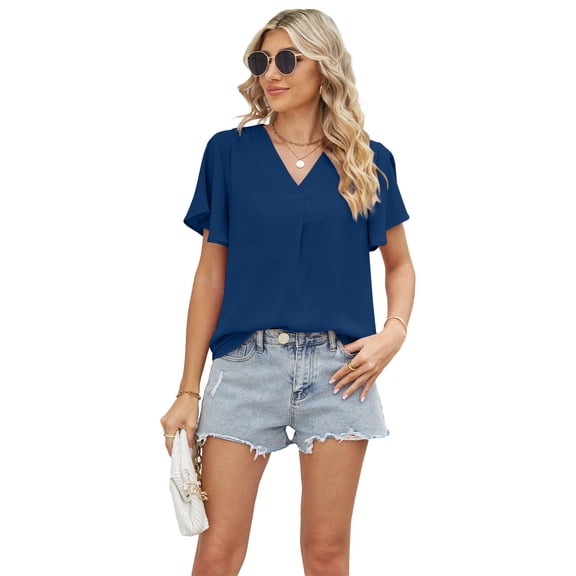 Mittory Women's Dressy Chiffon Blouses V Neck Tops Tee Summer Shirts Petal Short Sleeve Casual T-Shirts