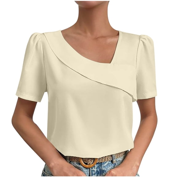 Mittory Women's Elegant Asymmetrical Neck Puff Sleeve Blouse Short Sleeve Blouse Tops