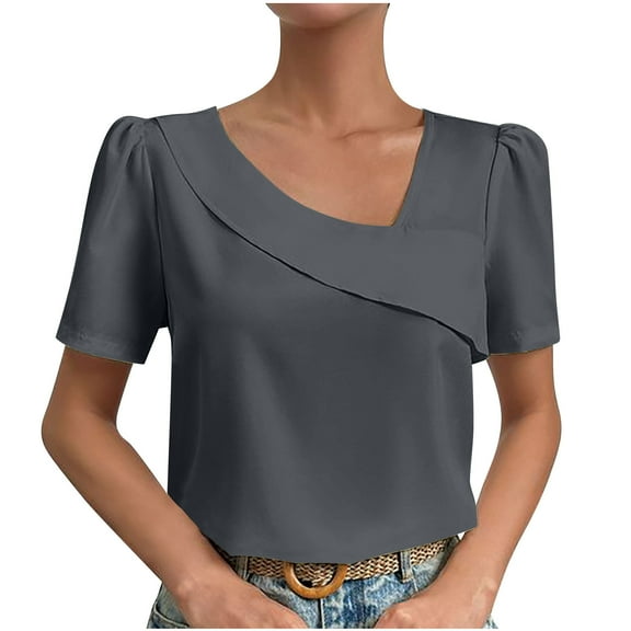 Mittory Women's Elegant Asymmetrical Neck Puff Sleeve Blouse Short Sleeve Blouse Tops