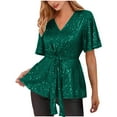 thumbnail image 1 of Mittory Women's Elegant Sequin Tops V Neck Tie Front Short Bell Sleeve Shirts Peplum Tops Blouse, 1 of 5