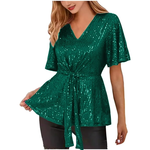 Mittory Women's Elegant Sequin Tops V Neck Tie Front Short Bell Sleeve Shirts Peplum Tops Blouse