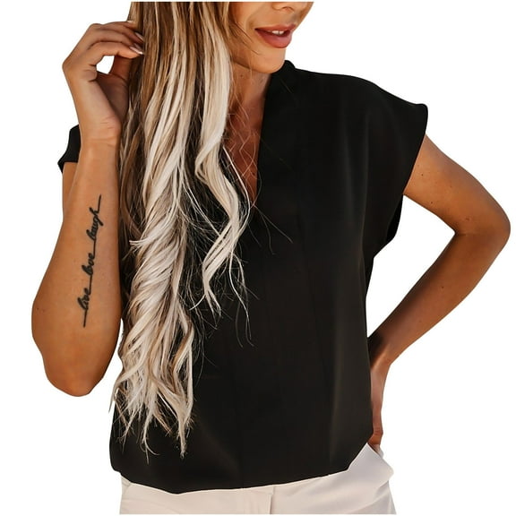 Mittory Women's Elegant V Neck Pleated Sleeveless Blouse Chiffon Work Shirt Tank Top