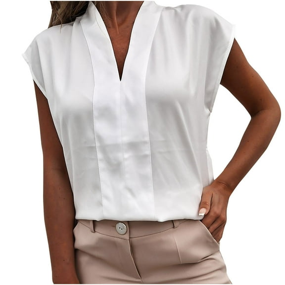 Mittory Women's Elegant V Neck Pleated Sleeveless Blouse Chiffon Work Shirt Tank Top