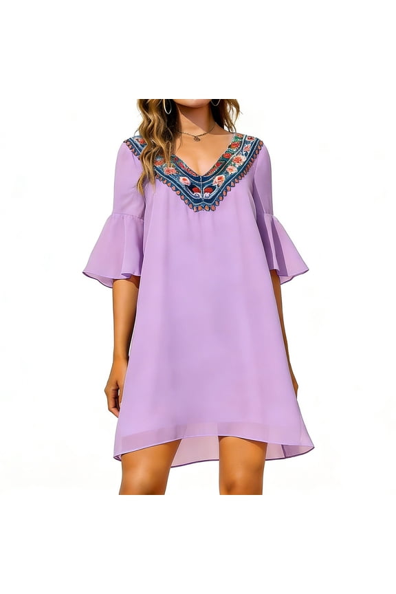 Women's Embroidered Mexican Peasant Dress, Plus Size Floral Boho Tunic for Fiesta & Traditional Wear