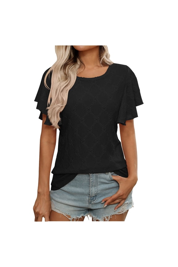 Women's Eyelet Knit Top Ruffle Short Sleeve T-Shirt Crew Neck Causal Summer Basic Tee Tops