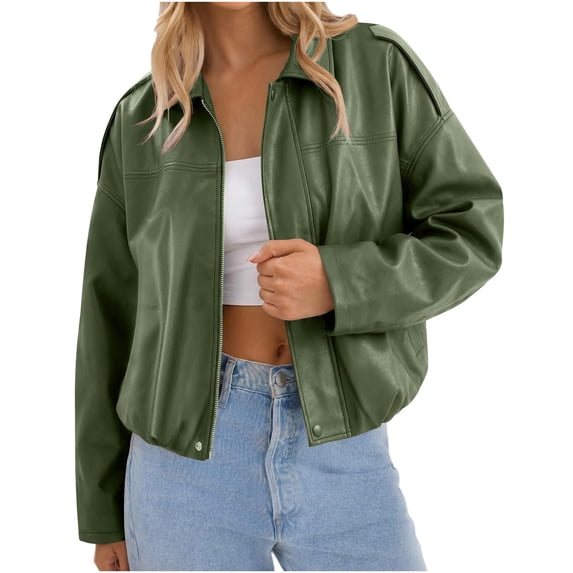 Mittory Women's Faux Leather Jacket Collared Zip Up Long Sleeve Casual Bomber Coat