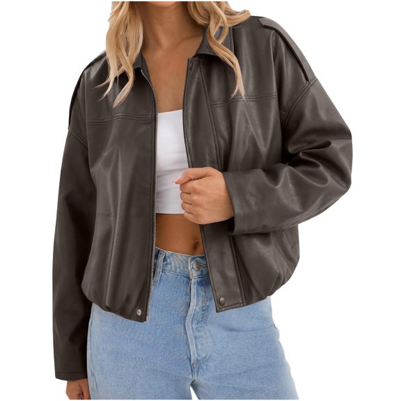 Mittory Women's Faux Leather Jacket Collared Zip Up Long Sleeve Casual Bomber Coat