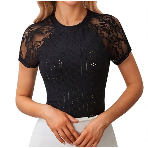 Mittory Women's Floral Lace Short Sleeve T Shirt Eyelet Embroidery Slim Fitted Tee Top