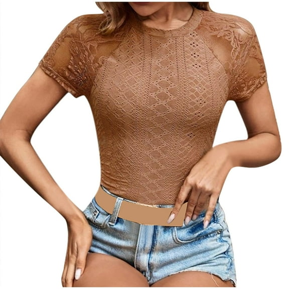 Mittory Women's Floral Lace Short Sleeve T Shirt Eyelet Embroidery Slim Fitted Tee Top