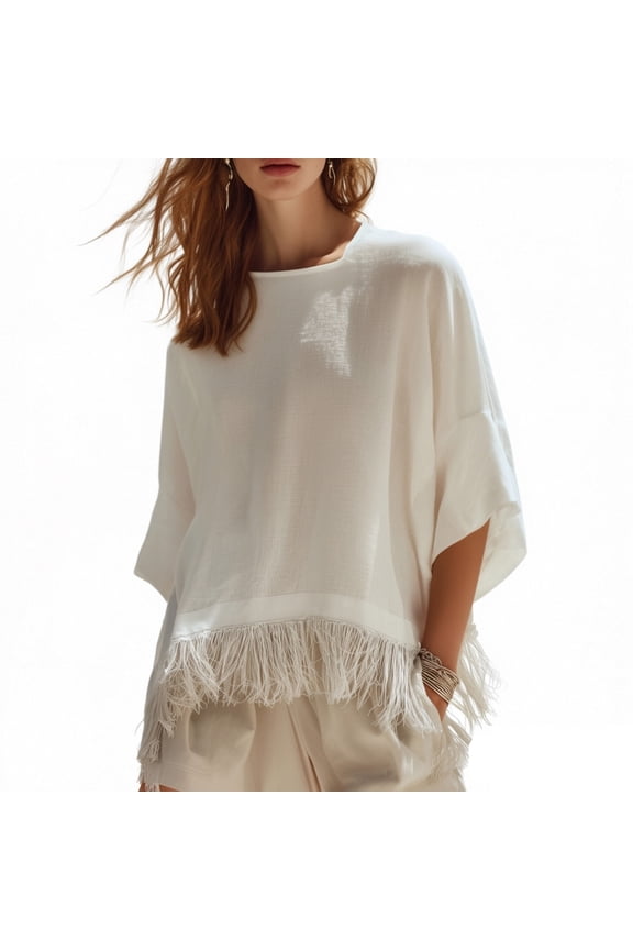 Women's Fringe Hem Drop Shoulder Tops Summer Batwing Sleeve Crew Neck T Shirts Casual Loose Fit Solid Tassel Tops