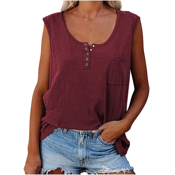 Mittory Women's Half Button Patched Pocket Tank Top Summer V Neck Sleeveless Loose Solid Color Casual Basic Shirts