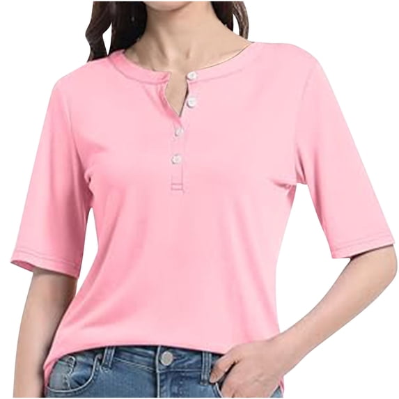 Mittory Women's Half Sleeve T Shirts Button Down V Neck Summer Casual Tops Basic Dressy Tees