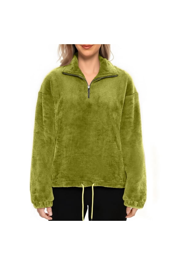 Women's Half-Zip Flannel Sweatshirt, Lapel Collar Long Sleeve Pullover for Fall Winter Casual Fashion