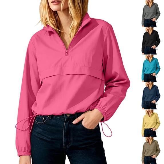 Mittory Women's Half Zip Windbreaker Pullover Jacket, Long Sleeve Drawstring Hem Casual Outerwear