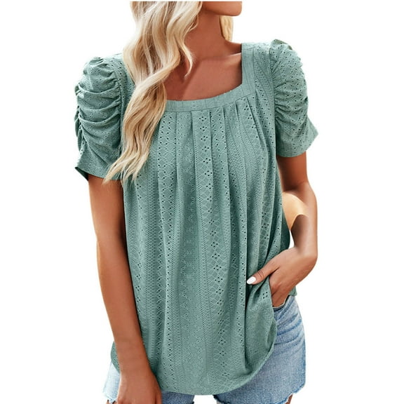 Mittory Women's Hollow Pleated Short Sleeves Square Neck Casual Loose Solid Color Knit T Shirts Tops Blouses