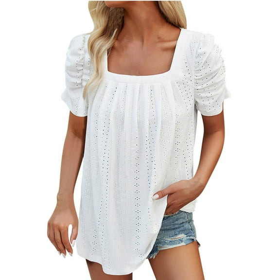 Mittory Women's Hollow Pleated Short Sleeves Square Neck Casual Loose Solid Color Knit T Shirts Tops Blouses