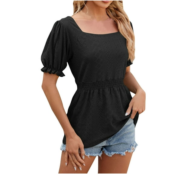 Mittory Women's Hollow Pleated Short Sleeves Square Neck Casual Loose Solid Color Knit T Shirts Tops Blouses