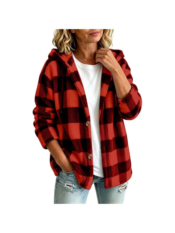 Women's Hooded Buffalo Plaid Sherpa Jacket Long Sleeve Button Down Fuzzy Casual Coat with Pockets