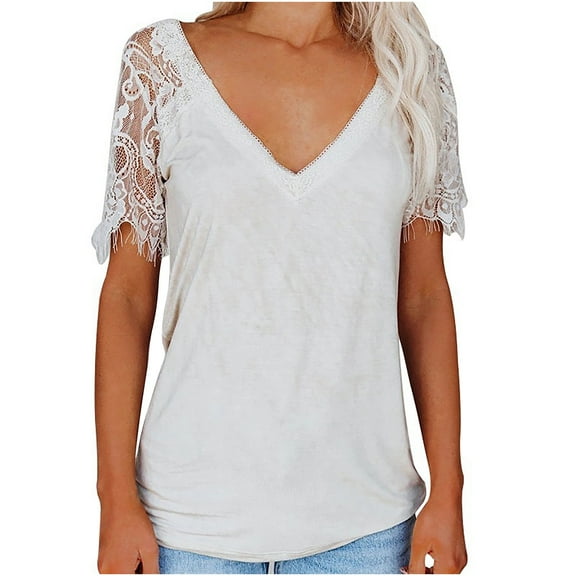Mittory Women's Lace Loose Short Sleeve T-Shirt V Neck Cotton Summer Casual Tops Tee Shirts