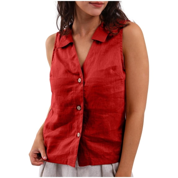 Mittory Women's Lapel Button Front Sleeveless Shirts Summer V-Neck Work Office Blouses Casual Solid Loose Tank Top