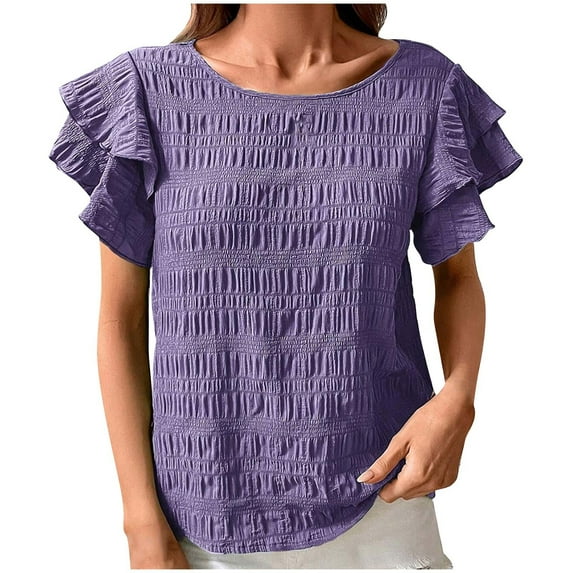 Mittory Women's Layer Ruffle Butterfly Sleeve Top Casual Summer Crewneck Blouses Dressy Casual