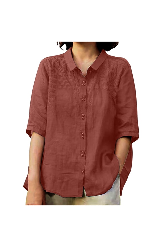 Women's Lightweight Loose Spread Collar Button Down Linen Shirts Top Blouse