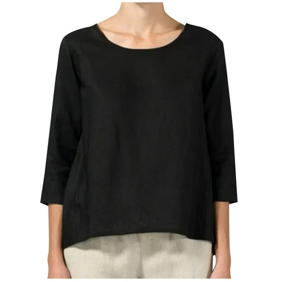 Mittory Women's Linen Summer Casual 3/4 Sleeve Blouse Loose Fit Crew Neck Tops