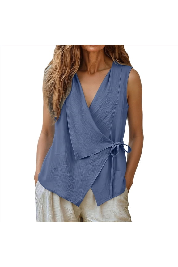Women's Linen Tank Top Casual Ruched Tie Side V Neck Sleeveless T Shirts Loose Fit Travel Vacation Blouse