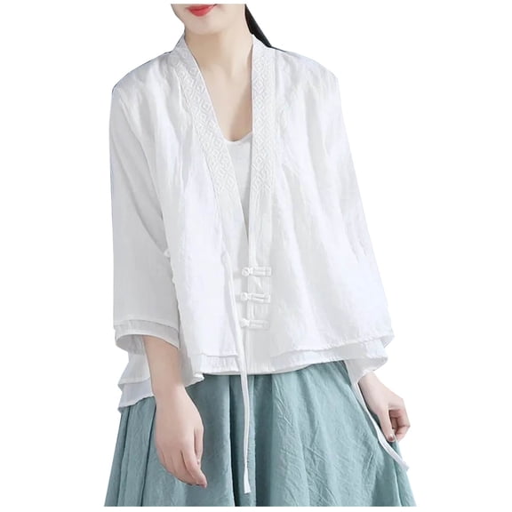 Mittory Women's Long Sleeve V-Neck Cotton Linen Chinese Frog Button Tops Elegant Loose Vacation Blouse