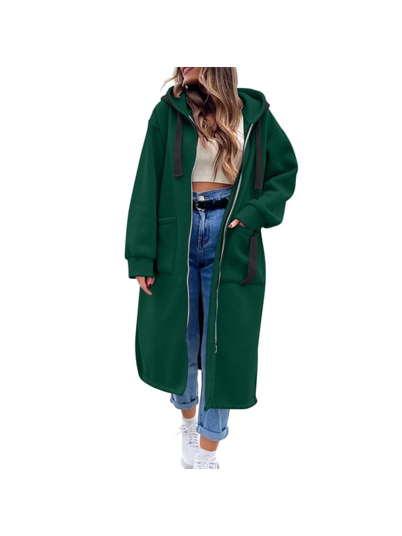 Women's Long Zip Up Hooded Duster Coat, Long Sleeve Drawstring Loose Casual Maxi Jacket with Big Pockets