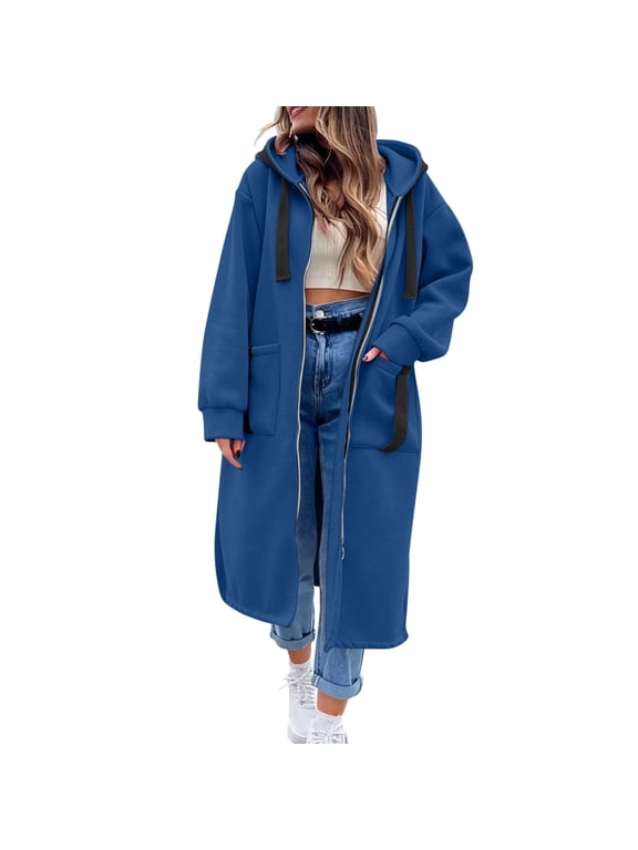 Women's Long Zip Up Hooded Duster Coat, Long Sleeve Drawstring Loose Casual Maxi Jacket with Big Pockets