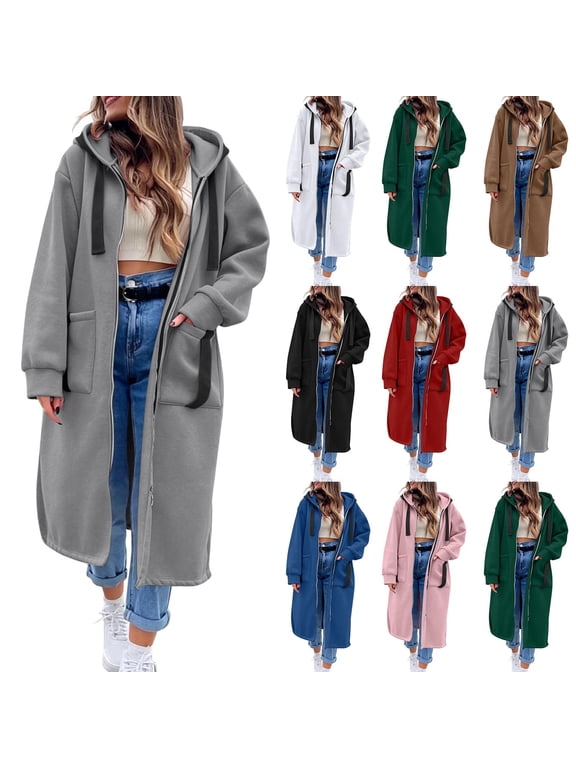 Women's Long Zip Up Hooded Duster Coat, Long Sleeve Drawstring Loose Casual Maxi Jacket with Big Pockets