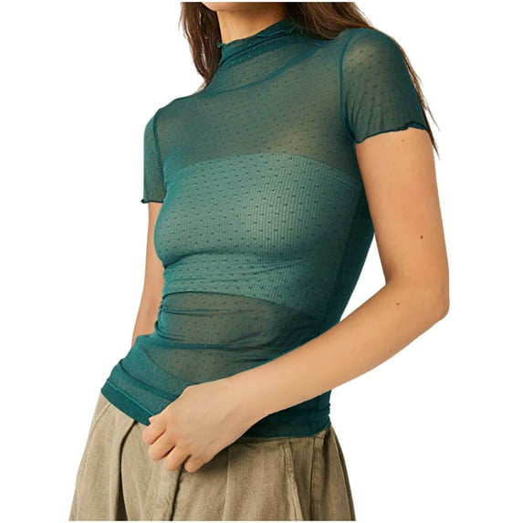 Mittory Women's Mesh Lace Long Sleeve Top Mock Neck Sheer Blouse Floral Lace Layering Tops See Through Tee Shirt