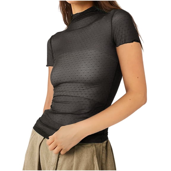 Mittory Women's Mesh Lace Long Sleeve Top Mock Neck Sheer Blouse Floral Lace Layering Tops See Through Tee Shirt