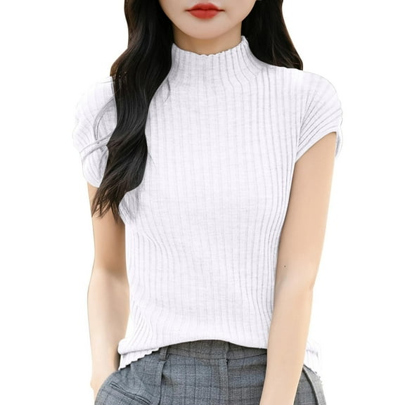 Mittory Women's Mock Neck Sweater Casual Cap Sleeve Ribbed Knit Pullover Tops Summer Shirts Fall Clothes