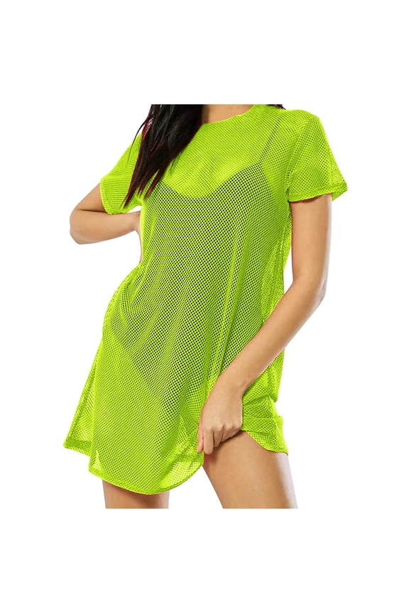 Women's Neon Sheer Mesh Net Crew Neck Style Swimsuit Bathing Suit Cover Up