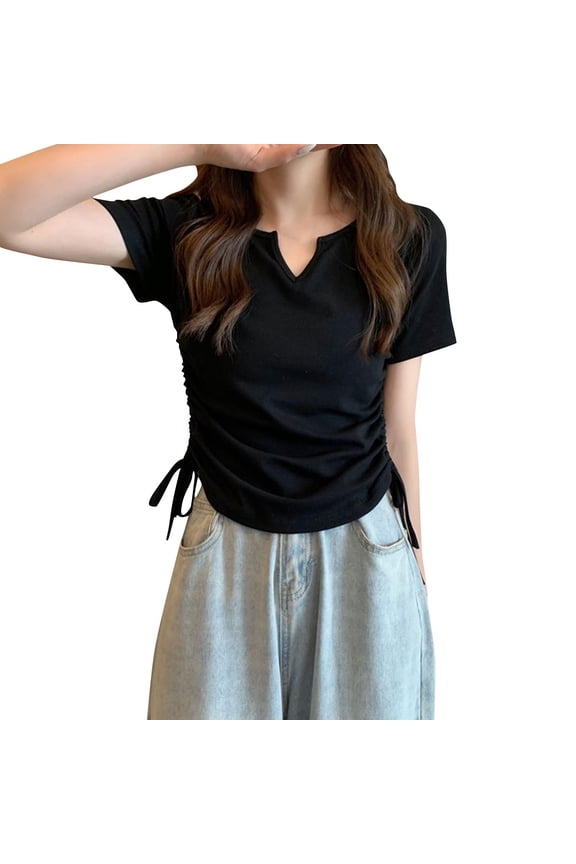 Women's Notch V Neck Tee Shirts Summer Short Sleeve Trendy Tops Slim Fit Side Drawstring T-hirts Basic Tunics