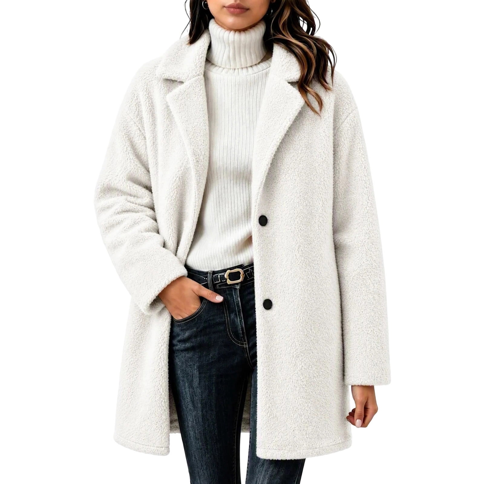 Mittory Women's Notched Lapel Sherpa Coat, Mid Length Button Front ...