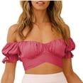 thumbnail image 1 of Mittory Women's Off Shoulder Ruffle Trim Ruched Short Sleeve Tube Crop Tops Summer Sexy Tie Up Back Blouse Shirts, 1 of 7