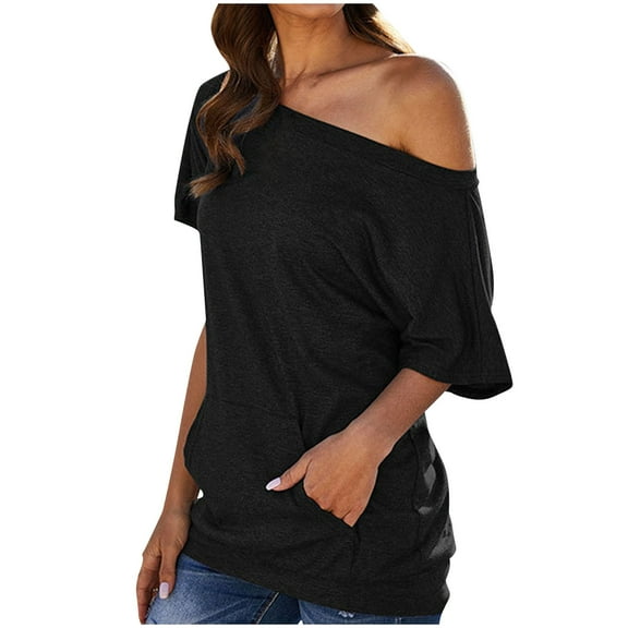 Mittory Women's Off The Shoulder T Shirts Summer Short Sleeve Blouse Tops with Pockets