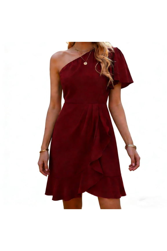 Women's One Shoulder Dress Short Sleeve Cinch Waist Ruffle Midi Dresses Casual Party & Beach Vacation Wear