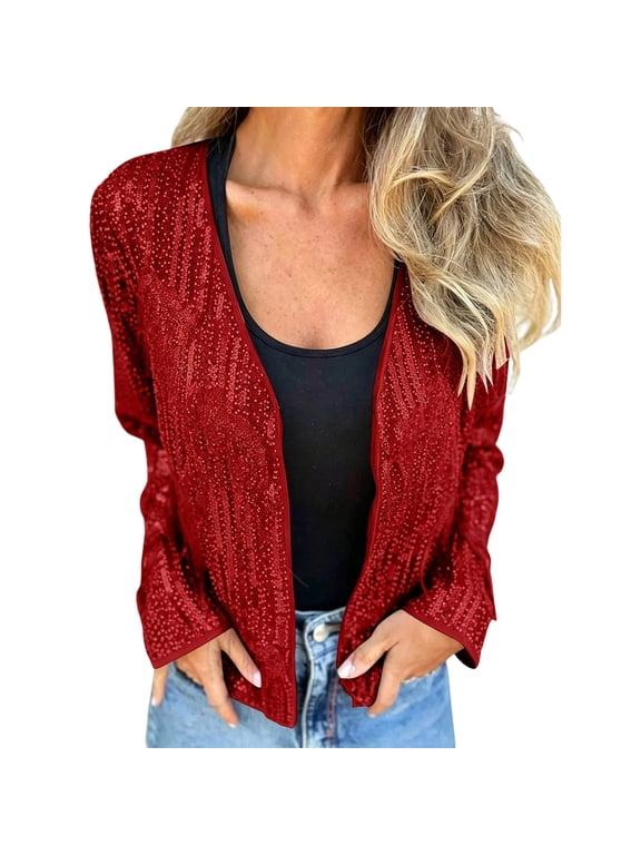 Women's Open Front Sequin Jacket, Long Sleeve V Neck Sparkly Casual Party Coat with Pockets