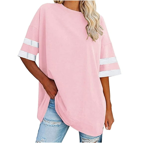 Mittory Women's Oversized T Shirts V Neck Striped Plus Size Tees Summer Half Sleeve Casual Comfy Tunic Tops