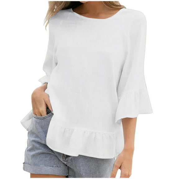Mittory Women's Peplum Tops 3/4 Lantern Sleeve Crewneck Loose Babydoll Shirt Blouse