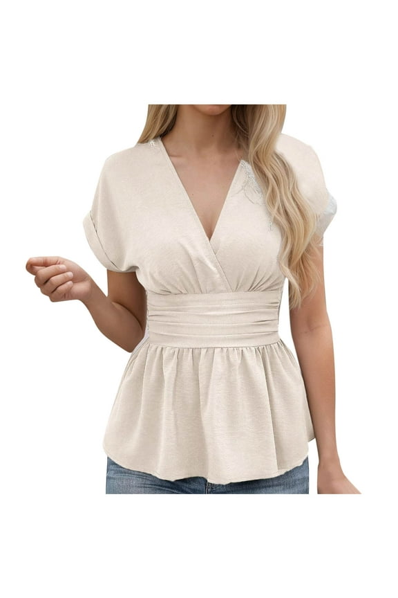 Women's Peplum Tops Dressy Wrap V Neck Cap Sleeve Ruched Ruffle Hem Shirts Summer Flowy Casual Blouse