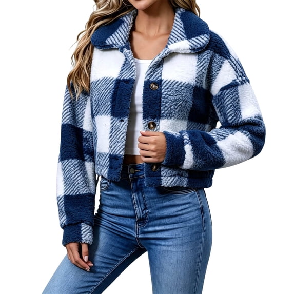 Mittory Women's Plaid Sherpa Fleece Cropped Jacket, Long Sleeve Button Down Lapel Casual Outerwear with Side Pockets