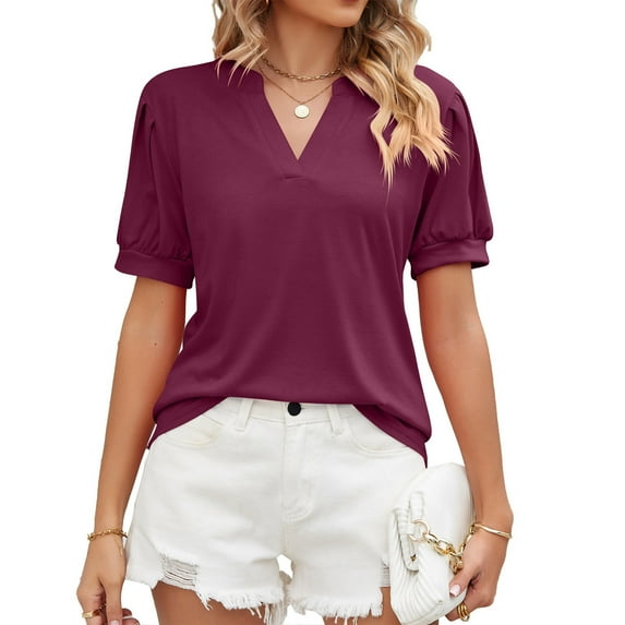 Mittory Women's Pleated Puff Sleeve Tops Summer V Neck Tunic Shirts Loose Curved Hem Blouses Dressy Casual