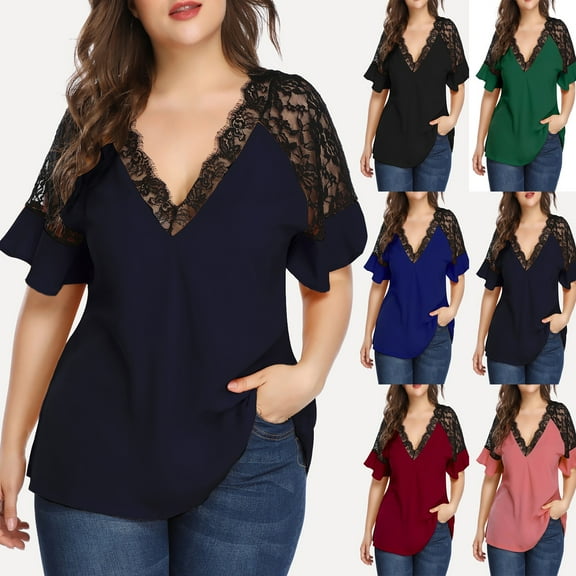 Mittory Women's Plus Size Flounce Short Sleeve Work Office Lace Deep V Neck Elegant Blouse